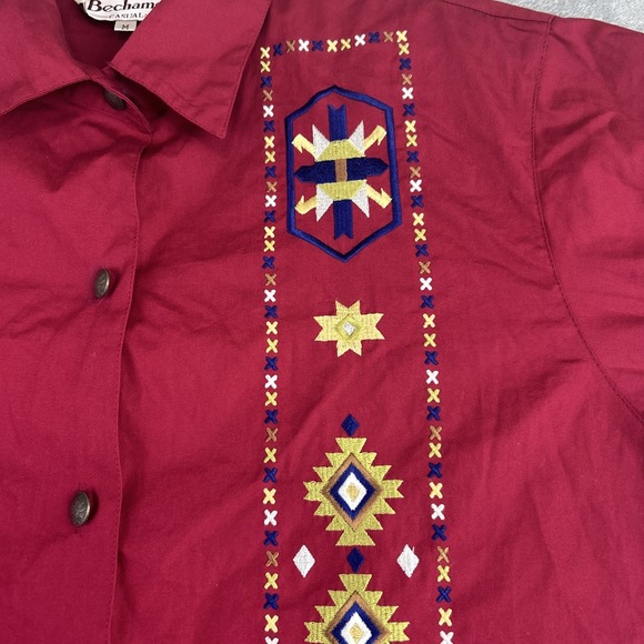 Bechamel Blouse M Red Native American Embroidery Metal Indian Head Buttons VTG - Picture 10 of 13